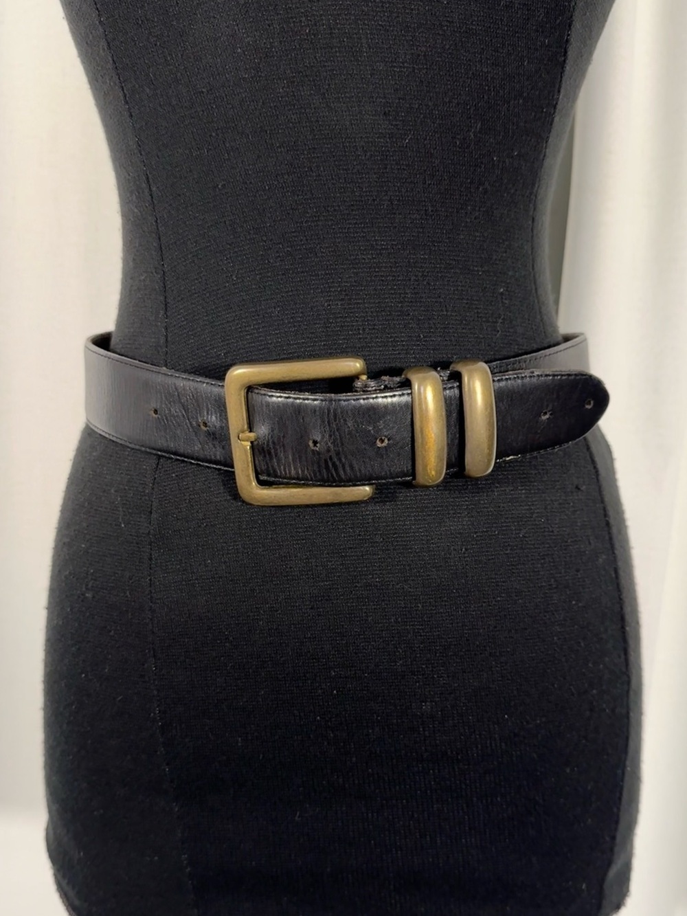 Vintage Black Leather Belt with Chunky Bronze Hardware